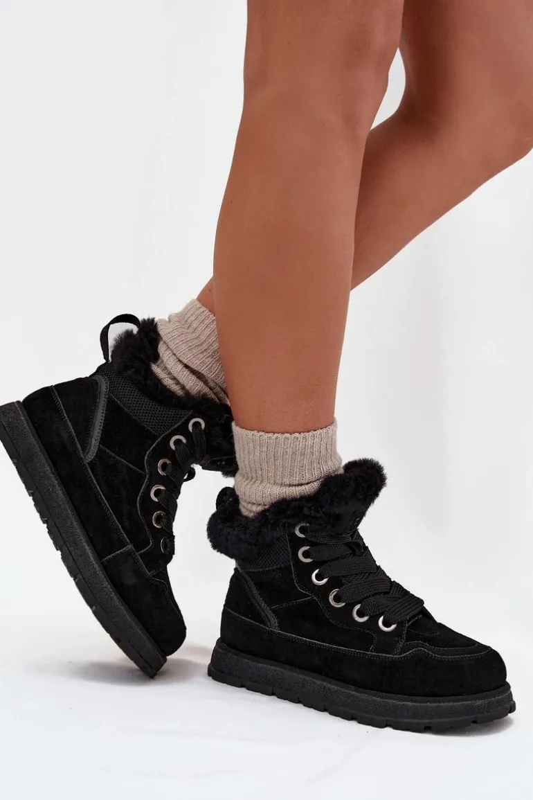 Zamszowe Śniegowce Trapery Damskie Na Platformie Z Futerkiem Big Star SS274369 Czarne