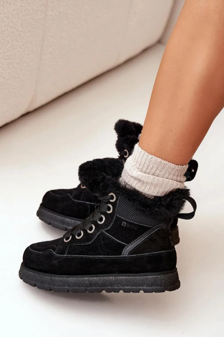 Zamszowe Śniegowce Trapery Damskie Na Platformie Z Futerkiem Big Star SS274369 Czarne