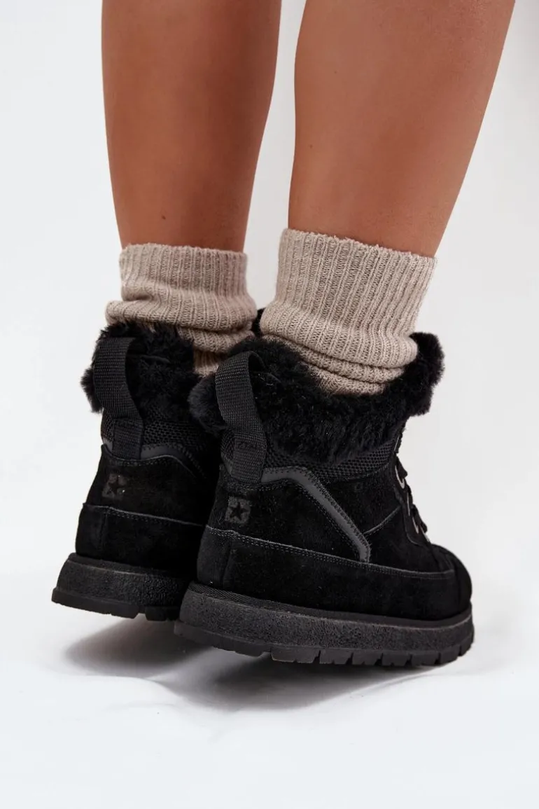 Zamszowe Śniegowce Trapery Damskie Na Platformie Z Futerkiem Big Star SS274369 Czarne