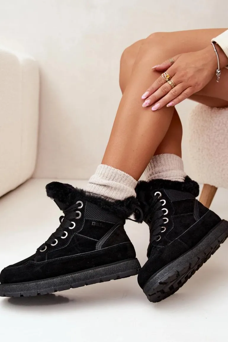 Zamszowe Śniegowce Trapery Damskie Na Platformie Z Futerkiem Big Star SS274369 Czarne