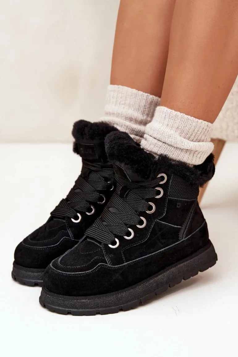 Zamszowe Śniegowce Trapery Damskie Na Platformie Z Futerkiem Big Star SS274369 Czarne