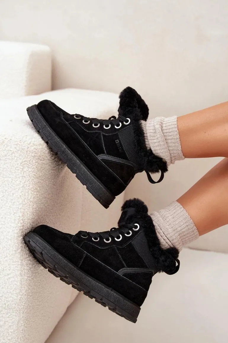 Zamszowe Śniegowce Trapery Damskie Na Platformie Z Futerkiem Big Star SS274369 Czarne