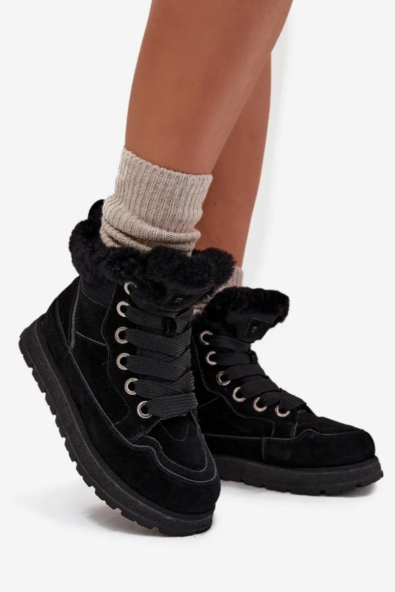 Zamszowe Śniegowce Trapery Damskie Na Platformie Z Futerkiem Big Star SS274369 Czarne