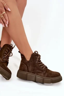 Zamszowe Niskie Botki Damskie Na Platformie Big Star SS274595 Brązowe