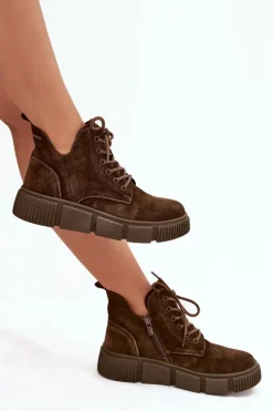 Zamszowe Niskie Botki Damskie Na Platformie Big Star SS274595 Brązowe