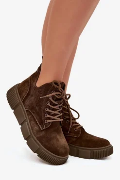 Zamszowe Niskie Botki Damskie Na Platformie Big Star SS274595 Brązowe