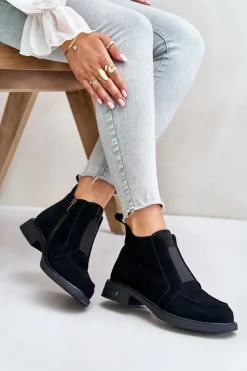 Zamszowe Niskie Botki Na Płaskim Obcasie Ocieplane D&A JC42-23 Czarne