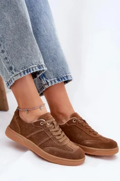 Zamszowe Niskie Sneakersy Damskie Brązowe Paliana