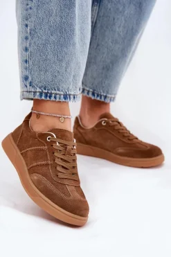 Zamszowe Niskie Sneakersy Damskie Brązowe Paliana