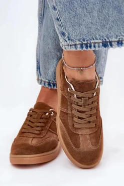Zamszowe Niskie Sneakersy Damskie Brązowe Paliana