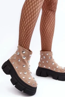 Zamszowe Ocieplane Botki Z Kryształkami D&A MR870-83 Beżowe