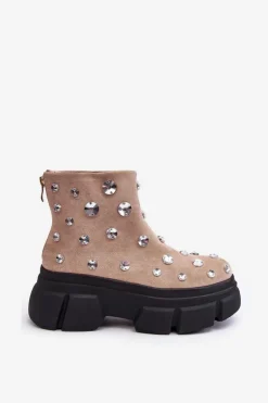 Zamszowe Ocieplane Botki Z Kryształkami D&A MR870-83 Beżowe