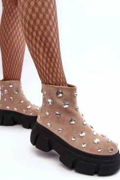 Zamszowe Ocieplane Botki Z Kryształkami D&A MR870-83 Beżowe