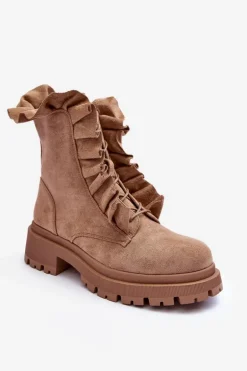 Zamszowe Ocieplane Botki Workery Na Płaskim Obcasie Beżowe Nacelle