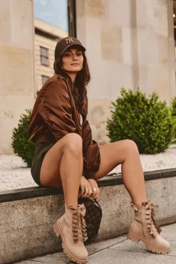 Zamszowe Ocieplane Botki Workery Na Płaskim Obcasie Beżowe Nacelle