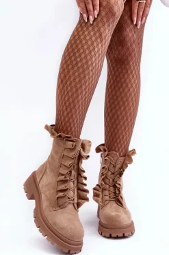 Zamszowe Ocieplane Botki Workery Na Płaskim Obcasie Beżowe Nacelle