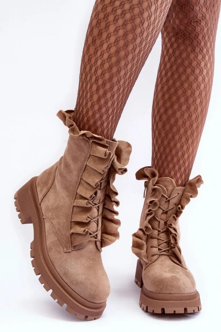 Zamszowe Ocieplane Botki Workery Na Płaskim Obcasie Beżowe Nacelle