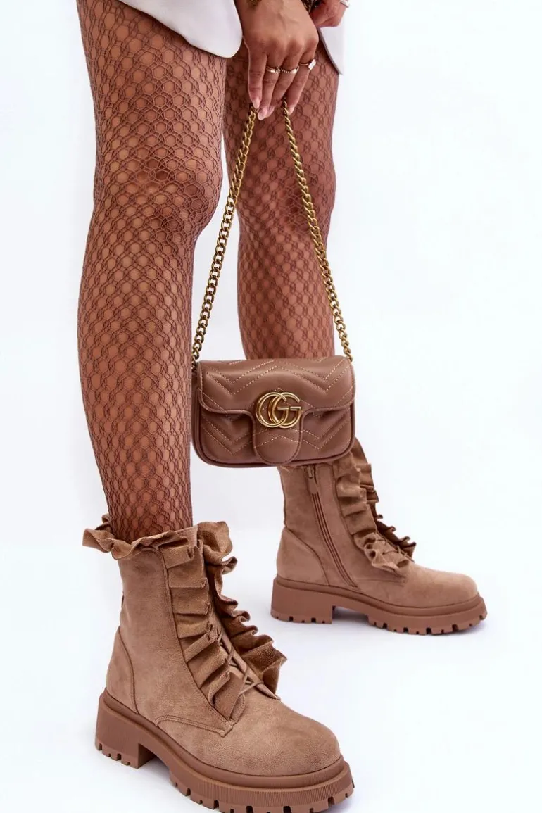 Zamszowe Ocieplane Botki Workery Na Płaskim Obcasie Beżowe Nacelle