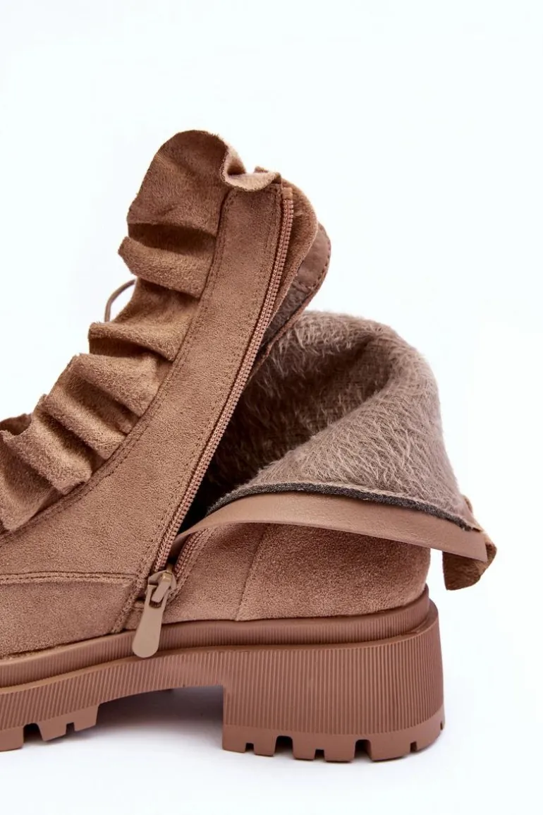 Zamszowe Ocieplane Botki Workery Na Płaskim Obcasie Beżowe Nacelle