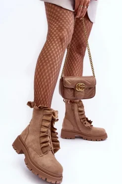 Zamszowe Ocieplane Botki Workery Na Płaskim Obcasie Beżowe Nacelle