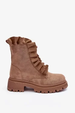 Zamszowe Ocieplane Botki Workery Na Płaskim Obcasie Beżowe Nacelle