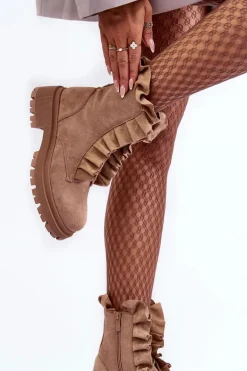 Zamszowe Ocieplane Botki Workery Na Płaskim Obcasie Beżowe Nacelle