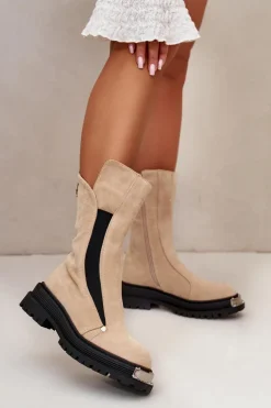 Zamszowe Ocieplane Botki Na Płaskim Obcasie Jasnobeżowe Palimra