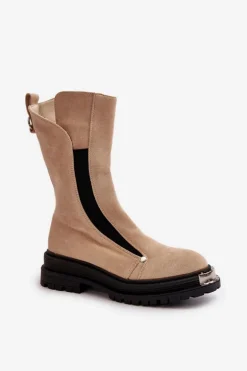 Zamszowe Ocieplane Botki Na Płaskim Obcasie Jasnobeżowe Palimra