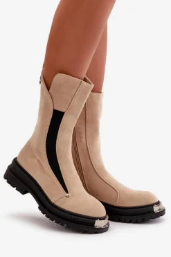 Zamszowe Ocieplane Botki Na Płaskim Obcasie Jasnobeżowe Palimra