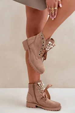 Zamszowe Ocieplane Botki Z Perełkami I Wstążką Beżowe Perla