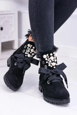 Zamszowe Ocieplane Botki Z Perełkami I Wstążką Czarne Perla