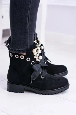 Zamszowe Ocieplane Botki Z Perełkami I Wstążką Czarne Perla