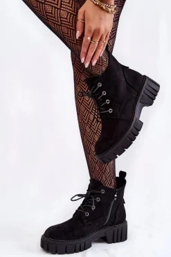 Zamszowe Ocieplane Botki Sznurowane Czarne Bjorg