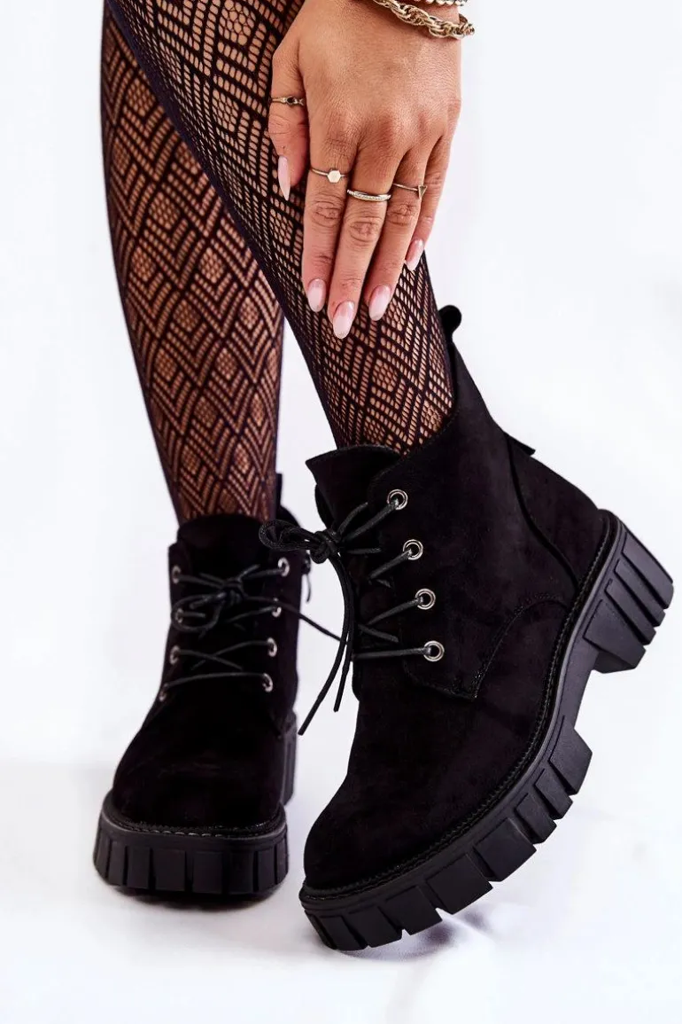 Zamszowe Ocieplane Botki Sznurowane Czarne Bjorg