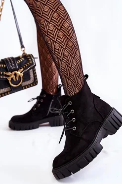 Zamszowe Ocieplane Botki Sznurowane Czarne Bjorg
