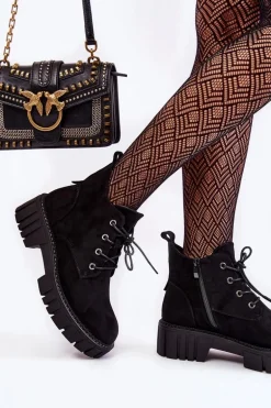 Zamszowe Ocieplane Botki Sznurowane Czarne Bjorg