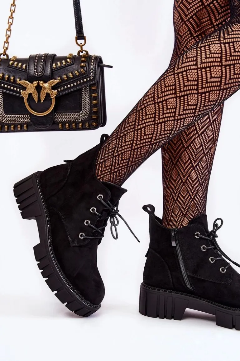 Zamszowe Ocieplane Botki Sznurowane Czarne Bjorg