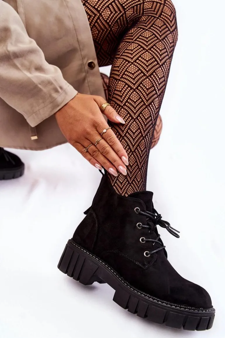 Zamszowe Ocieplane Botki Sznurowane Czarne Bjorg