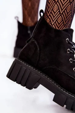 Zamszowe Ocieplane Botki Sznurowane Czarne Bjorg