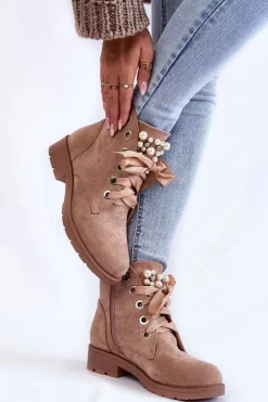 Zamszowe Ocieplane Botki Na Suwak Z Perłami Ciemnobeżowe Raiso