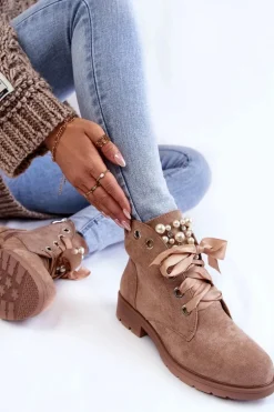 Zamszowe Ocieplane Botki Na Suwak Z Perłami Ciemnobeżowe Raiso