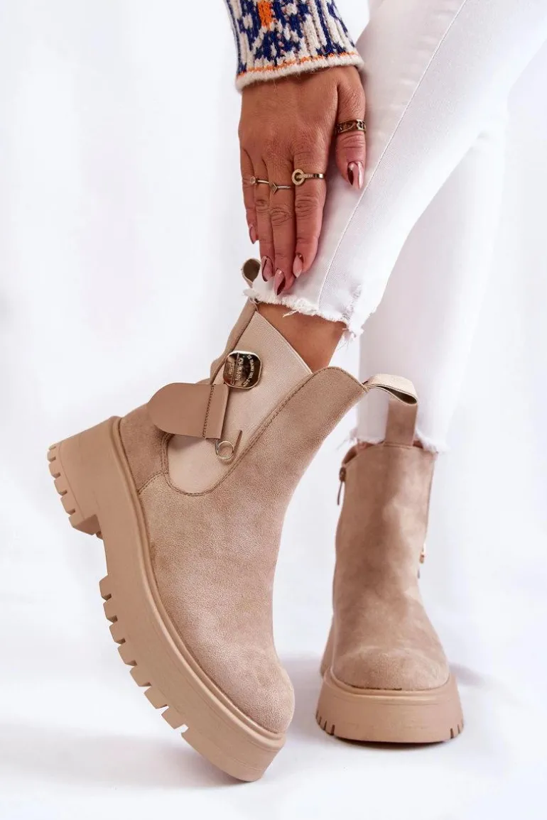 Zamszowe Ocieplane Botki Workery Beżowe Magnis