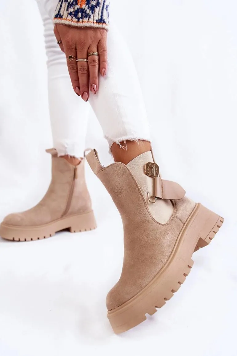 Zamszowe Ocieplane Botki Workery Beżowe Magnis
