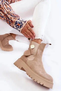 Zamszowe Ocieplane Botki Workery Beżowe Magnis