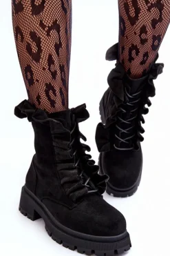 Zamszowe Ocieplane Botki Workery Na Płaskim Obcasie Czarne Nacelle