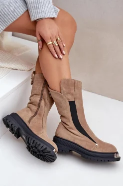 Zamszowe Ocieplane Botki Na Płaskim Obcasie Beżowe Palimra