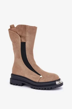 Zamszowe Ocieplane Botki Na Płaskim Obcasie Beżowe Palimra