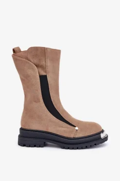 Zamszowe Ocieplane Botki Na Płaskim Obcasie Beżowe Palimra