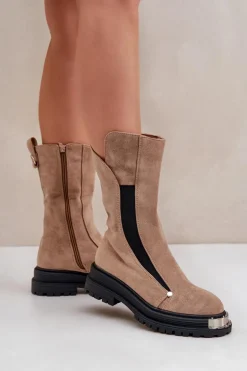 Zamszowe Ocieplane Botki Na Płaskim Obcasie Beżowe Palimra