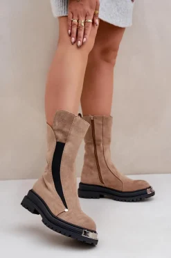 Zamszowe Ocieplane Botki Na Płaskim Obcasie Beżowe Palimra